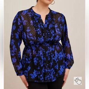 Torrid Chiffon Clip Dot Ruffle Front Top Blouse Blue Black Floral Plus Size 2